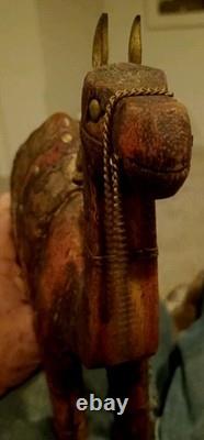 Vintage Mid-Century Indian Carved Wood Camel Statue Brass Copper Inlay Folk Art