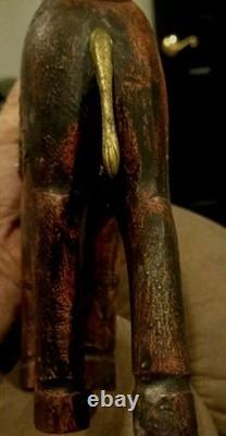 Vintage Mid-Century Indian Carved Wood Camel Statue Brass Copper Inlay Folk Art