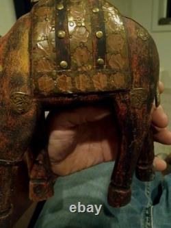 Vintage Mid-Century Indian Carved Wood Camel Statue Brass Copper Inlay Folk Art