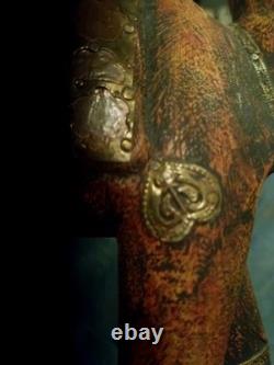 Vintage Mid-Century Indian Carved Wood Camel Statue Brass Copper Inlay Folk Art