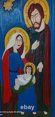 Vintage Nativity Wood Carved Hand Painted Wall Plaque Folk Art Signed, 1984 Ooak