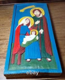 Vintage Nativity Wood Carved Hand Painted Wall Plaque Folk Art Signed, 1984 Ooak