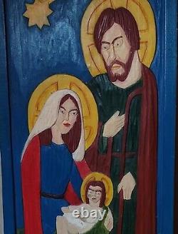 Vintage Nativity Wood Carved Hand Painted Wall Plaque Folk Art Signed, 1984 Ooak