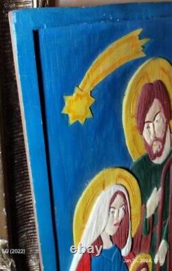 Vintage Nativity Wood Carved Hand Painted Wall Plaque Folk Art Signed, 1984 Ooak