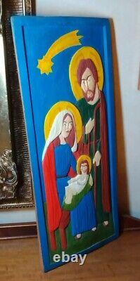 Vintage Nativity Wood Carved Hand Painted Wall Plaque Folk Art Signed, 1984 Ooak