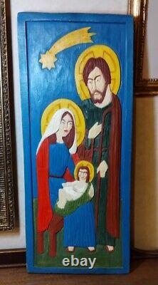 Vintage Nativity Wood Carved Hand Painted Wall Plaque Folk Art Signed, 1984 Ooak