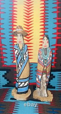 Vintage Navajo Folk Art Couple, Hand Carved & Painted Cottonwood, unsigned