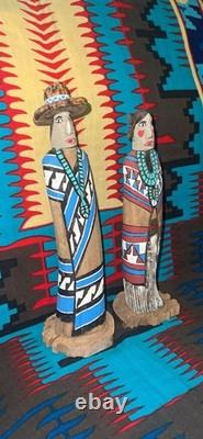 Vintage Navajo Folk Art Couple, Hand Carved & Painted Cottonwood, unsigned