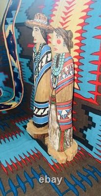 Vintage Navajo Folk Art Couple, Hand Carved & Painted Cottonwood, unsigned