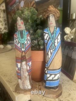 Vintage Navajo Folk Art Couple, Hand Carved & Painted Cottonwood, unsigned
