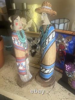 Vintage Navajo Folk Art Couple, Hand Carved & Painted Cottonwood, unsigned