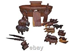 Vintage Noah's Ark Hand Carved Wood Folk Art Primitive Animals 25 Piece