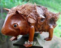 Vintage OUTSIDER FOLK ART Wood Root Sculpture PORCUPINE Hand Carved Signed BEAN