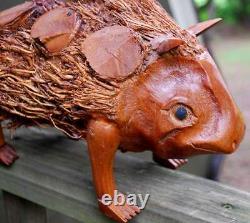 Vintage OUTSIDER FOLK ART Wood Root Sculpture PORCUPINE Hand Carved Signed BEAN