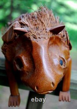 Vintage OUTSIDER FOLK ART Wood Root Sculpture PORCUPINE Hand Carved Signed BEAN