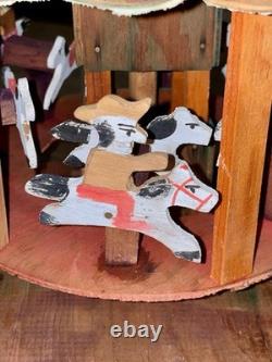 Vintage Oaxacan Wood Carousel Horses Cowboys Folk Art Merry-go-round-stunning