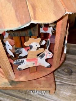 Vintage Oaxacan Wood Carousel Horses Cowboys Folk Art Merry-go-round-stunning