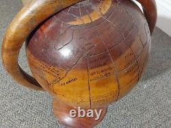 Vintage Old Hand Carved Wooden Folk Art World Globe On Stand MCM Mid Century