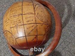 Vintage Old Hand Carved Wooden Folk Art World Globe On Stand MCM Mid Century