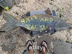 Vintage Painted Wood Hand Carved sign BAIT & TACKLE Trade Shop Sign Folk Art