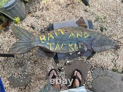 Vintage Painted Wood Hand Carved sign BAIT & TACKLE Trade Shop Sign Folk Art