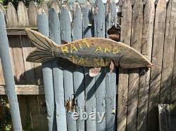 Vintage Painted Wood Hand Carved sign BAIT & TACKLE Trade Shop Sign Folk Art