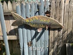 Vintage Painted Wood Hand Carved sign BAIT & TACKLE Trade Shop Sign Folk Art