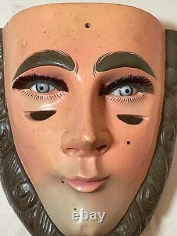Vintage Parachicos Mask Hand Carved Wood Mexican Folk Art Chiapas Glass Eye
