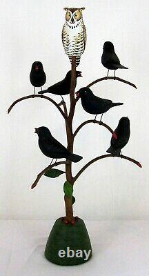 Vintage Pennsylvania Folk Art Manfred Scheel Carved Blackbird Tree With Owl