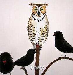Vintage Pennsylvania Folk Art Manfred Scheel Carved Blackbird Tree With Owl