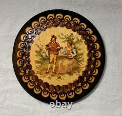 Vintage Polish Folk Art Wood Carved Plate Victorian couple 9.5 original sticker