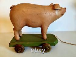 Vintage Primitive Folk Art Pig On Wheels. Hand Carved. Crate Prospects