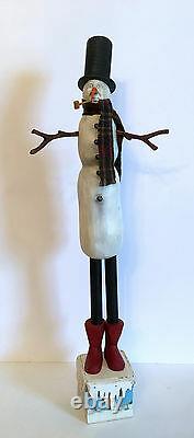 Vintage Primitive Folk Art Snowman With Scarf. Hand Carved. Crate Prospects