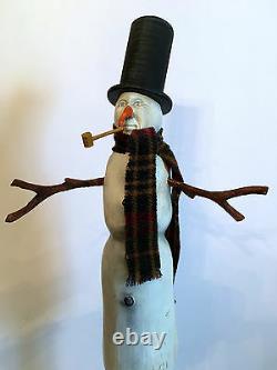 Vintage Primitive Folk Art Snowman With Scarf. Hand Carved. Crate Prospects