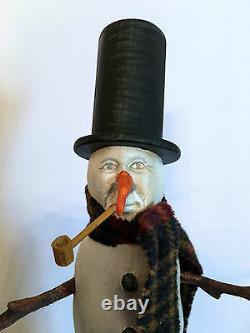 Vintage Primitive Folk Art Snowman With Scarf. Hand Carved. Crate Prospects