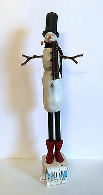 Vintage Primitive Folk Art Snowman With Scarf. Hand Carved. Crate Prospects