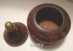 Vintage Rare Round Wood Crude Carved Bowl with Cover Lid Folk Art Gold tone dome