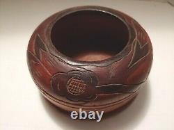 Vintage Rare Round Wood Crude Carved Bowl with Cover Lid Folk Art Gold tone dome
