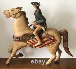 Vintage Revolutionary War Soldier on? Horse Hand Carved Wood Folk Art Sculpture