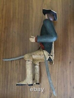 Vintage Revolutionary War Soldier on? Horse Hand Carved Wood Folk Art Sculpture