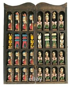 Vintage Santo Hand Carved & Hand Painted Colonial Style Chess Set Folk Art