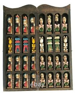 Vintage Santo Hand Carved & Hand Painted Colonial Style Chess Set Folk Art