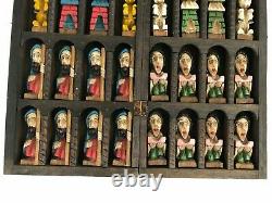 Vintage Santo Hand Carved & Hand Painted Colonial Style Chess Set Folk Art