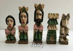 Vintage Santo Hand Carved & Hand Painted Colonial Style Chess Set Folk Art