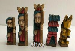 Vintage Santo Hand Carved & Hand Painted Colonial Style Chess Set Folk Art