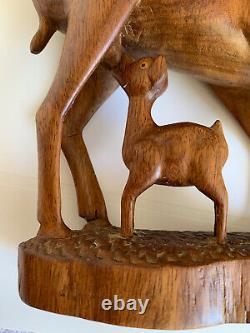 Vintage Sculpture Hand Carved Wood Gazelle Impala Antelope Mama Nursing Baby 13
