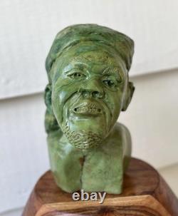 Vintage Shona Stone Bust Hand Carved African Verdite Traditional Folk Art Green