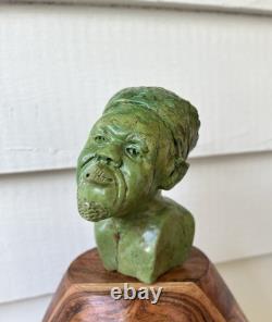 Vintage Shona Stone Bust Hand Carved African Verdite Traditional Folk Art Green