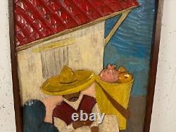 Vintage Signed Carved & Painted Wood Wall Hanging Mexico Scene Man & Woman