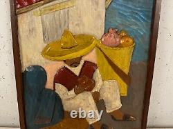 Vintage Signed Carved & Painted Wood Wall Hanging Mexico Scene Man & Woman